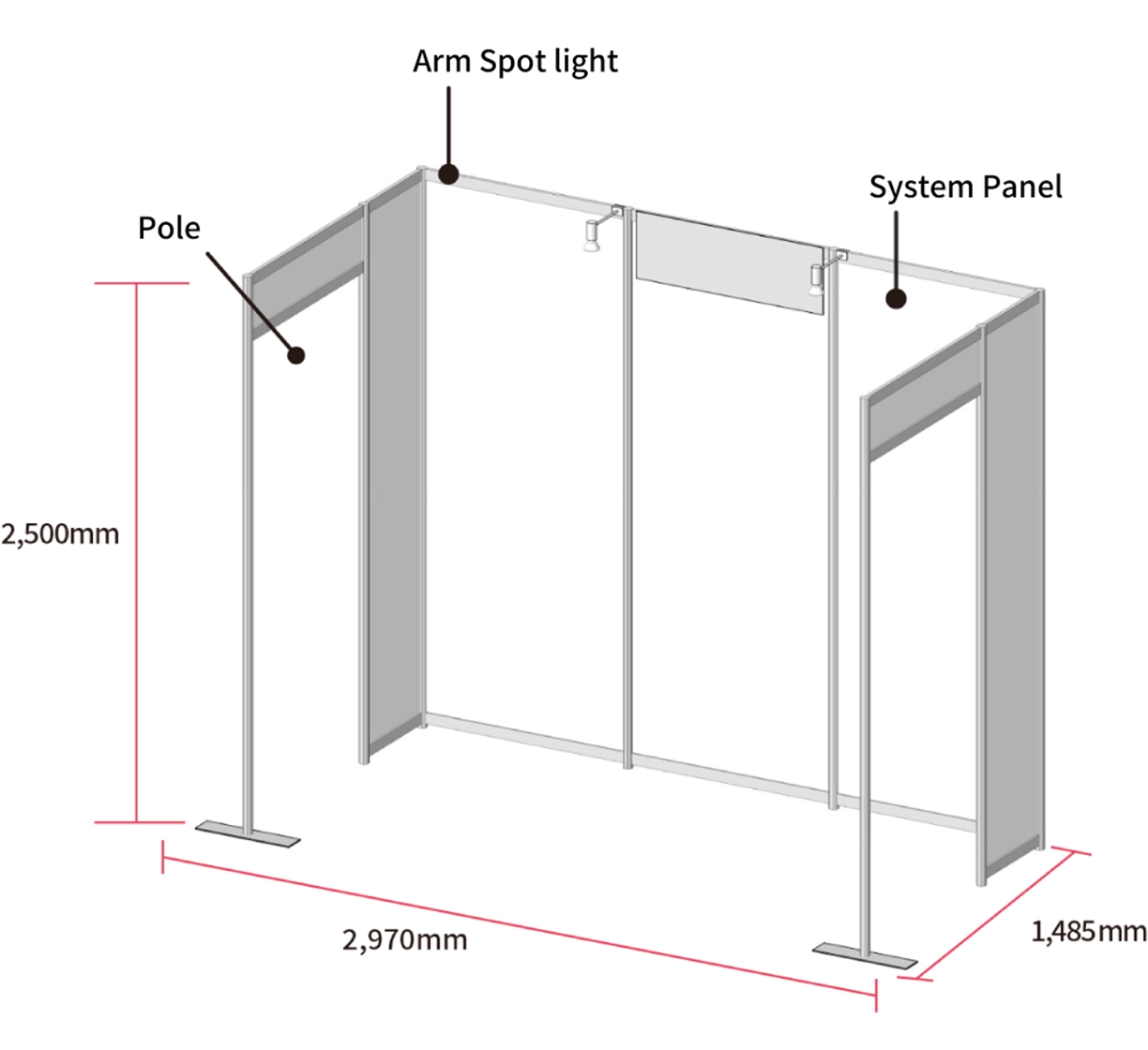 The standard booth measures approximately 2.5 meters in height, 3 meters in width, and 1.5 meters in depth. It consists of poles, arm spots, and wall system panels.